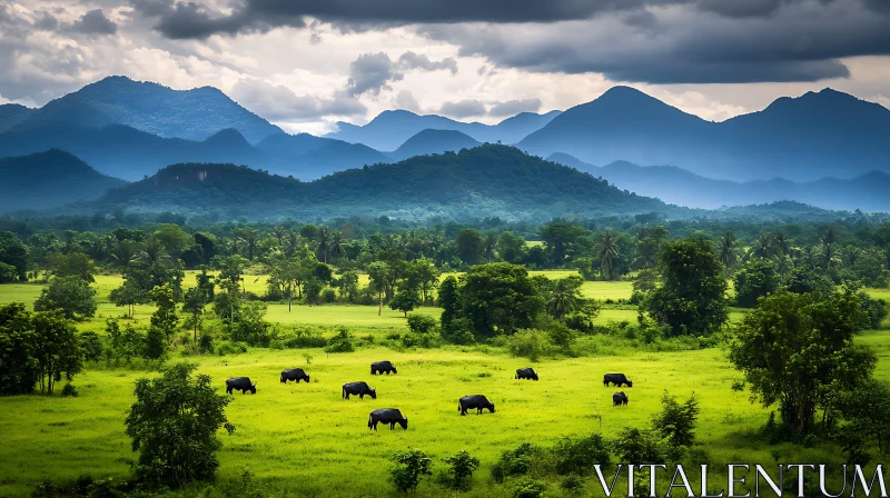 Picturesque Green Field with Distant Mountains AI Image