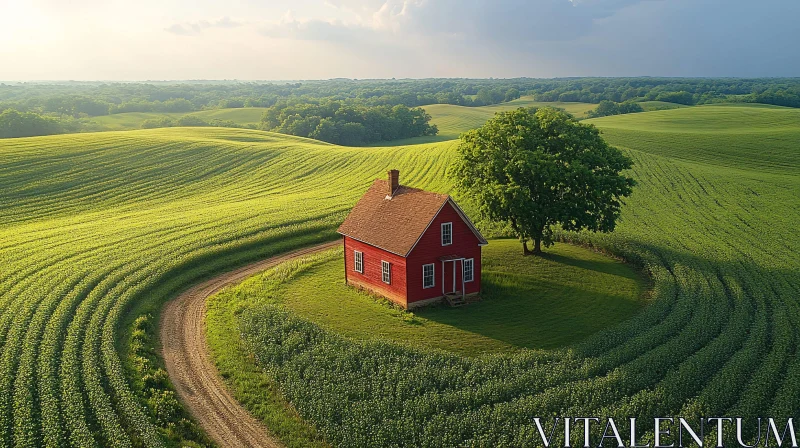 Rural Landscape with House and Tree AI Image