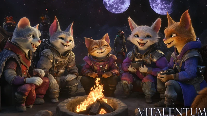 Cats Around Campfire, Fantasy Scene AI Image