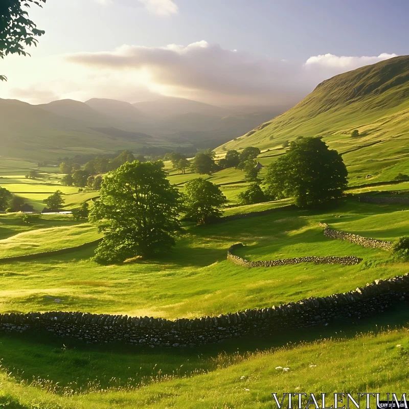 AI ART Lush Green Valley with Stone Walls