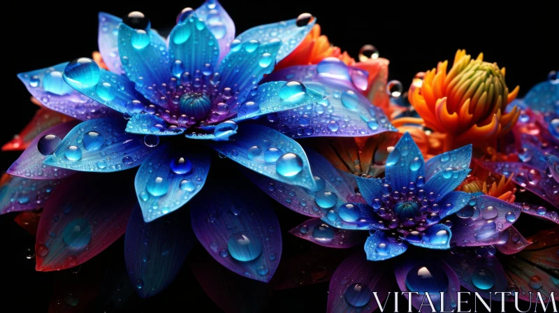 Black Water Drops on Flowers - Fantasy Realism Artwork AI Image