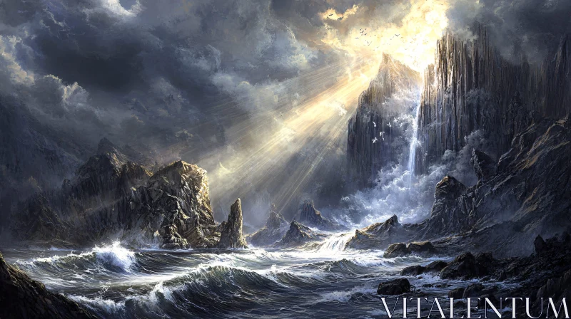 AI ART Sunrays Over Dramatic Coastal Scenery