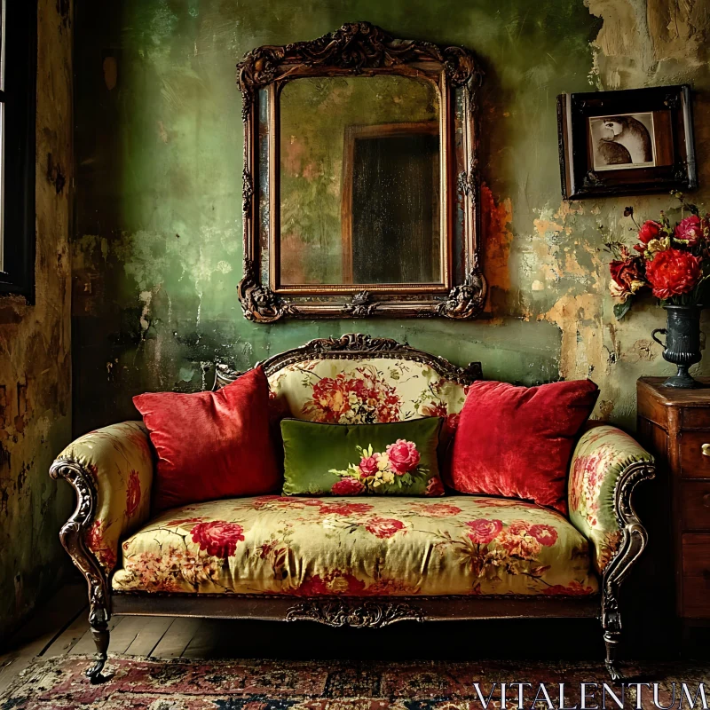 AI ART Ornate Interior with Floral Sofa and Mirror