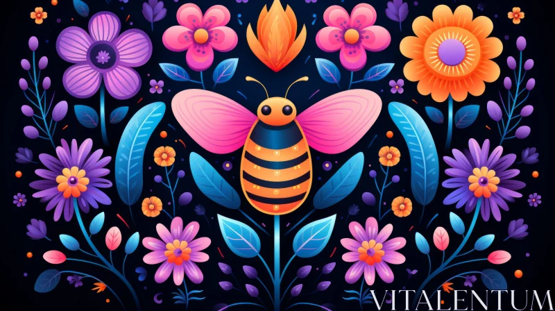 Colorful Bee amidst Flowers: An Artful Blend of Tradition and Whimsy AI Image