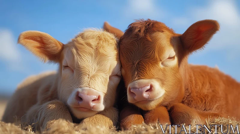 Cuddled Calves: A Moment of Farm Tranquility AI Image