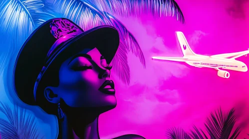 Woman and Airplane in Neon Paradise