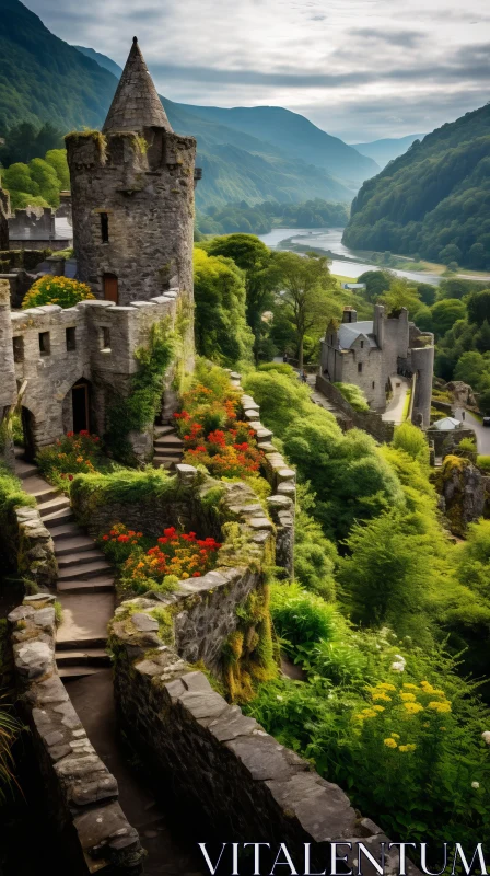 Enchanting Castle Overlooking Valley and Waterfall AI Image