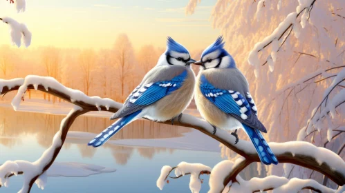 Enchanting Winter Scene: Blue Jays on a Frosty Branch