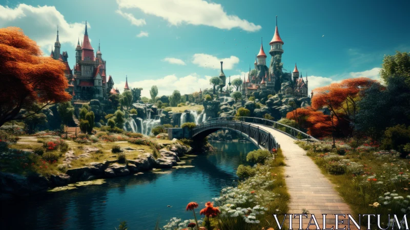 Fairytale-Inspired Fantastical Landscape with Castle and Bridge AI Image