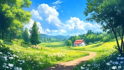 Idyllic Countryside Scene with Wildflowers