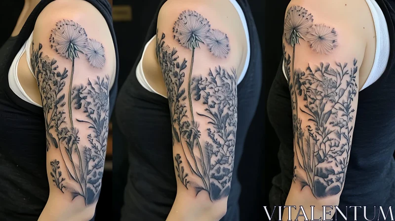 Intricate Dandelion and Botanical Arm Tattoo AI Image