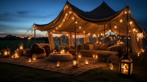 Luxurious Tent Filled with Candles and Hats in a Enchanting Forest
