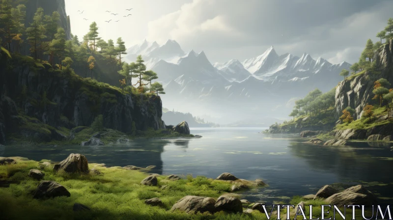 Mountain Valley Landscape: Stylized Nature Scenery AI Image