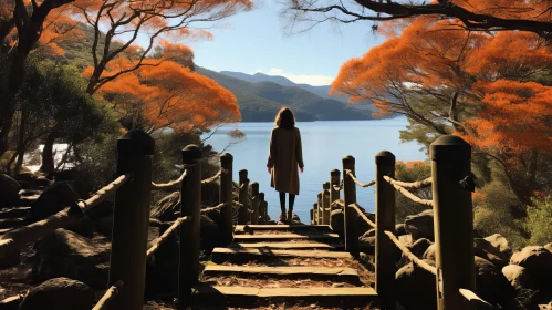 Serene Beauty: A Dreamlike Staircase to a Lake Amongst Vibrant Orange Trees