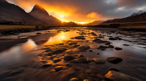 Unreal Landscapes: Rocks and River Water in Dark Orange and Light Gold