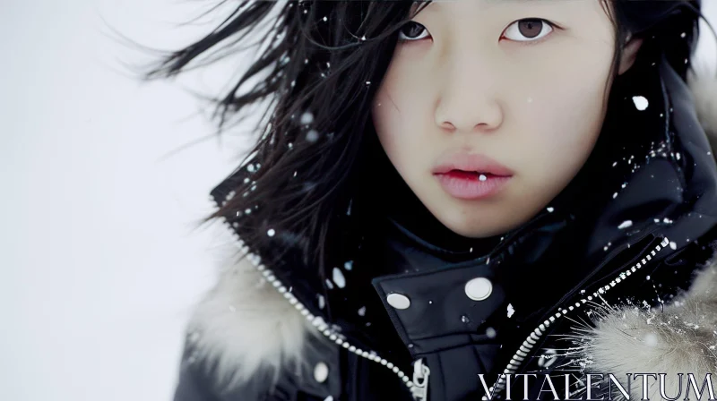 Young Asian Woman in Black Winter Jacket with Fur Collar AI Image