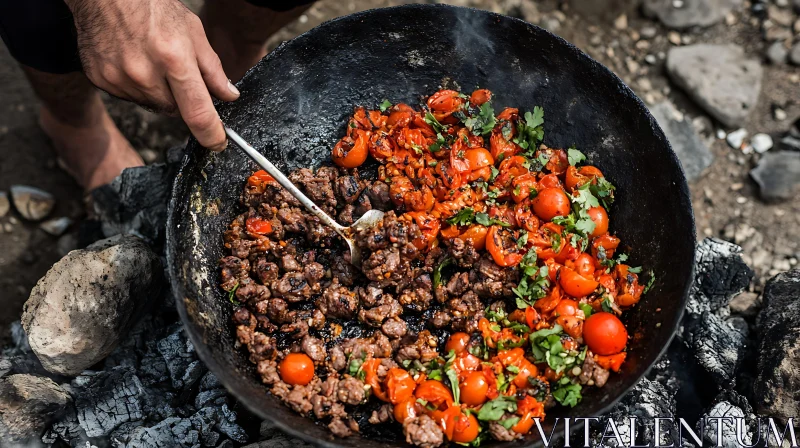 Campfire Cooking with Meat and Tomatoes AI Image