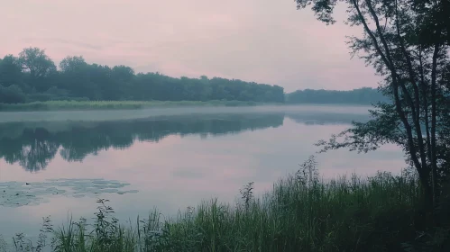 Serene Forest Lake with Reflective Waters and Mist