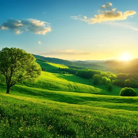 Rolling Green Hills Under Sunlight