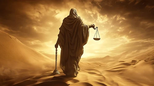 Veiled Justice in Desert Landscape