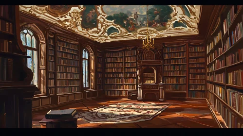 Sunlit Grand Library with Bookshelves