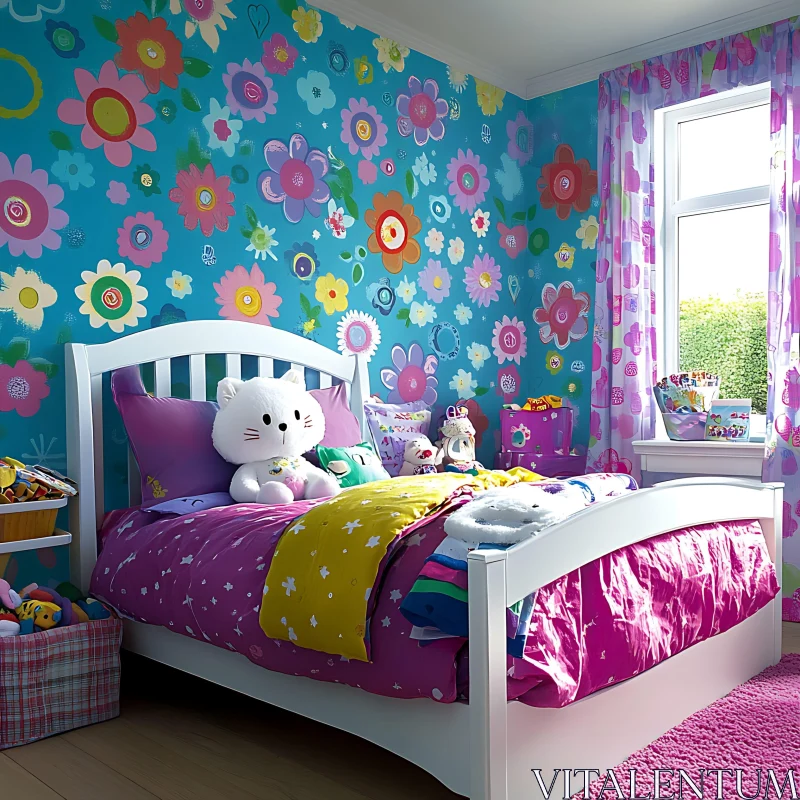 AI ART Colorful Kids Room with Flower Wallpaper