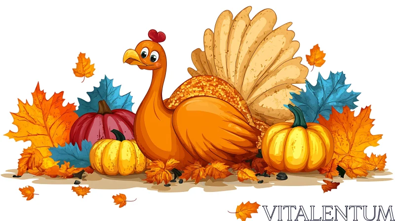 AI ART Autumn Harvest Cartoon with Turkey and Pumpkins