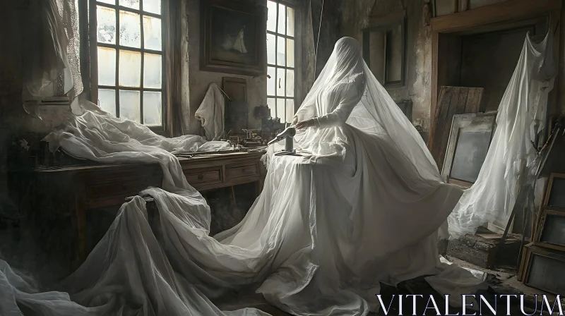 AI ART Veiled Figure Sewing in a Vintage Atelier