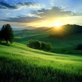 Sunrise Over Green Rolling Hills