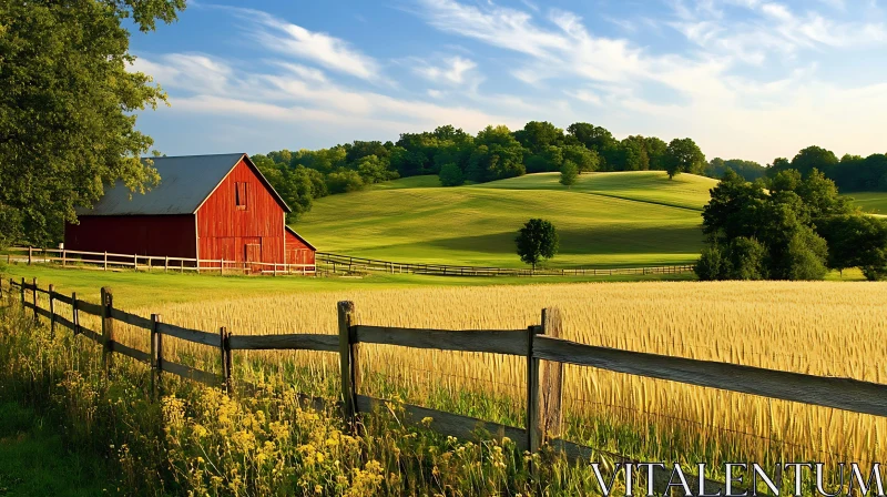 Rural Landscape with Barn and Wheat Field AI Image