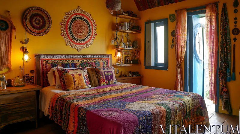 AI ART Eclectic Bedroom with Colorful Quilt