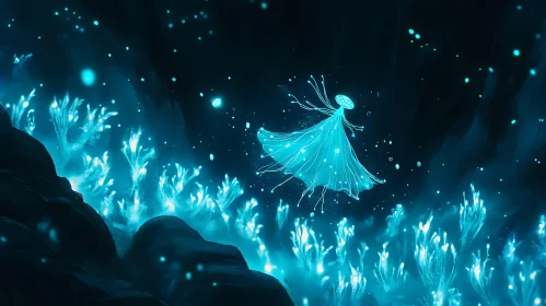 Glowing Fairy Above Blue Flora