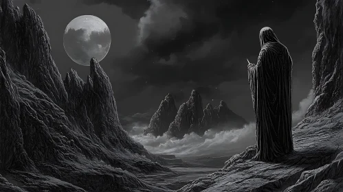 Cloaked Figure in Lunar Landscape