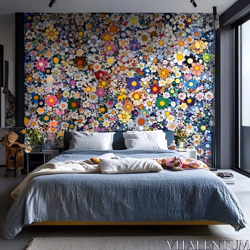 Bedroom with Flower Wall AI Image