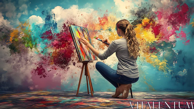 Woman Painting Abstract Art on Canvas AI Image