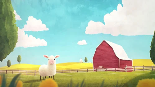 Cartoon Sheep in Field with Barn