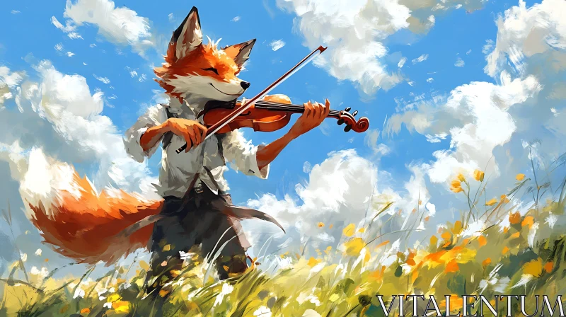 Fox Violinist in a Flower Field AI Image