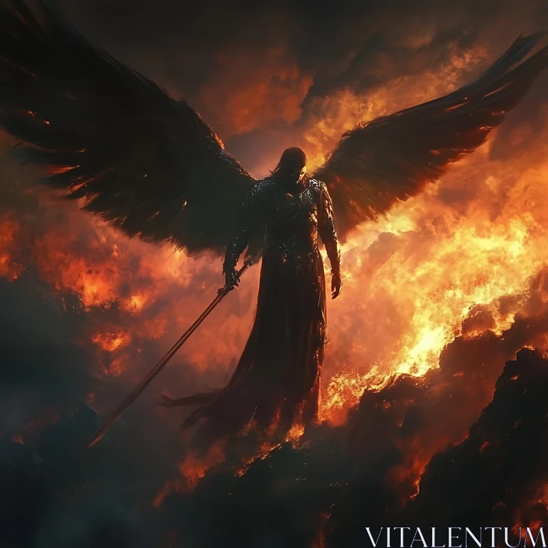 AI ART Dark Angel with Sword in Flames