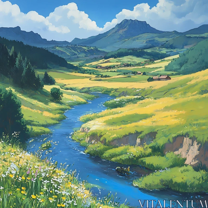 AI ART Scenic River and Meadow View