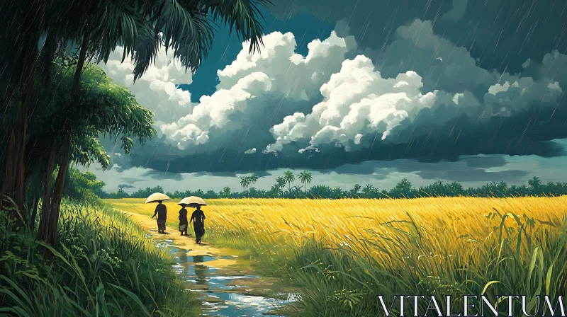 Rainy Day Stroll in Golden Field AI Image