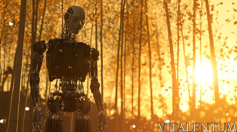 Metallic Robot Amidst a Golden Sunset in a Forest AI Image