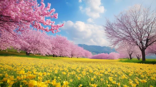 Spring Landscape with Pink and Yellow Flowers