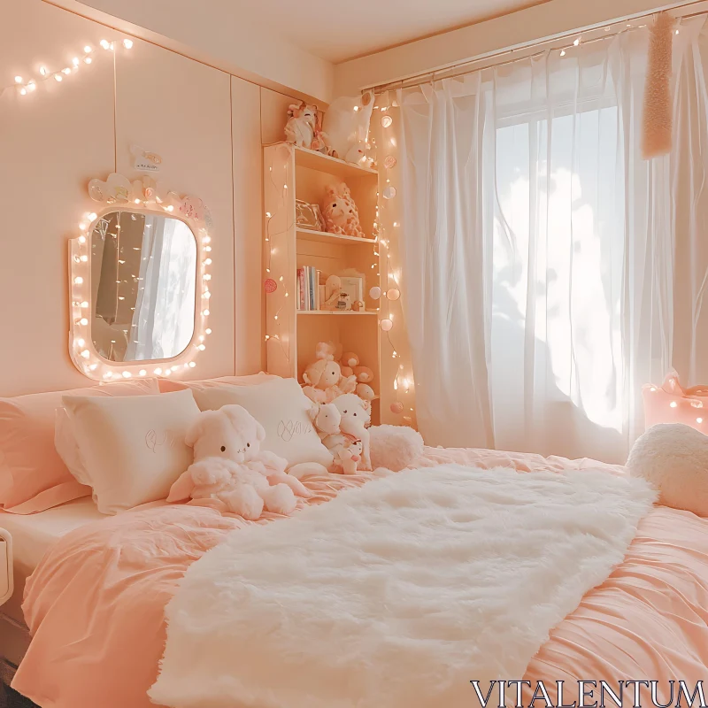 Dreamy Pastel Bedroom with Soft Lighting AI Image