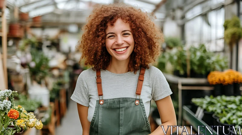 Smiling Woman in Greenhouse AI Image