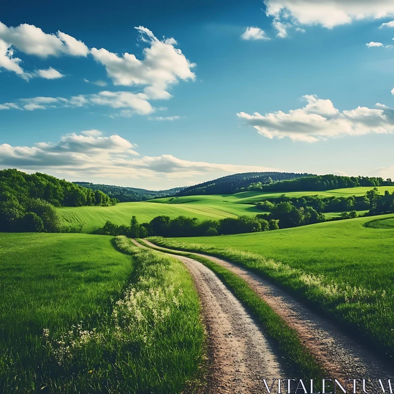 AI ART Lush Green Field with Winding Road