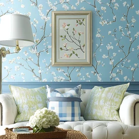 Tranquil Interior with Floral Wallpaper and Sofa