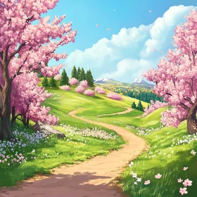 Spring Meadow Path with Cherry Blossoms