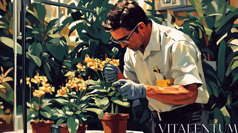 Man Tending Orchids AI Image