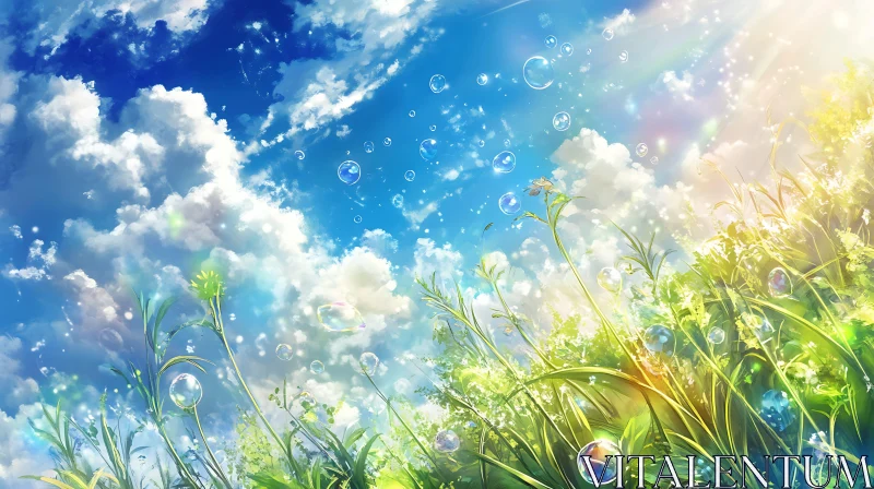 Sunlit Bubbles in a Summer Meadow AI Image