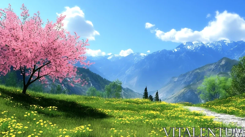 Blossom Tree with Mountain Scenery AI Image